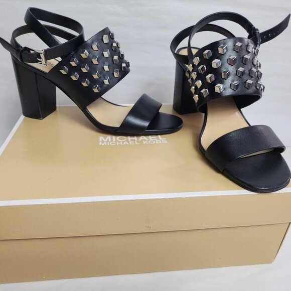 Michael Kors Shoes - MICHAEL KORS Valencia Black Studded Leather Ankle Strap Chunky Heel Sandals 9.5